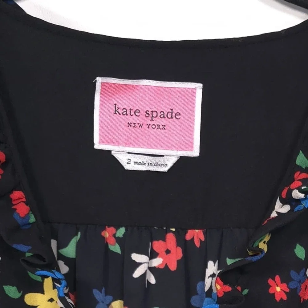 Kate Spade Sailing Floral Dress Size 2 Black Multi Ruffle‎ Elastic Waistband
